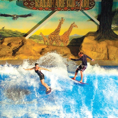Disfrutando de paseo del agua de Flowrider, el tablero atractivo/la aguamarina de la resbalón de la onda que practica surf parquea la diversión