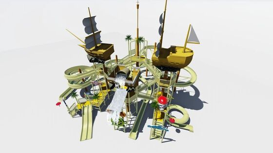 Estructura de juegos acuáticos del barco pirata con cubo de inclinación gigante y construcción de fibra de vidrio para niños Equipo de parque acuático