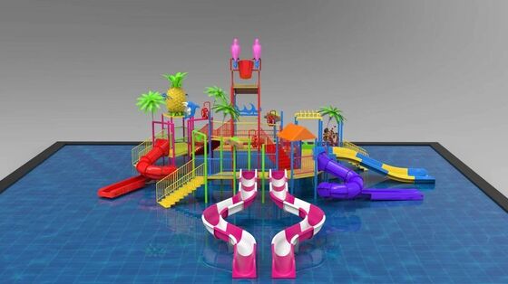 Estructura de juego acuático con temática tropical con cubo gigante basculante y múltiples toboganes para parque acuático